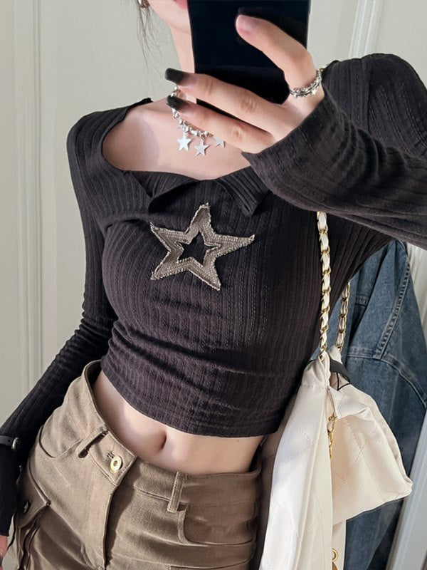 Star Patch Long Sleeve Knit Crop Top