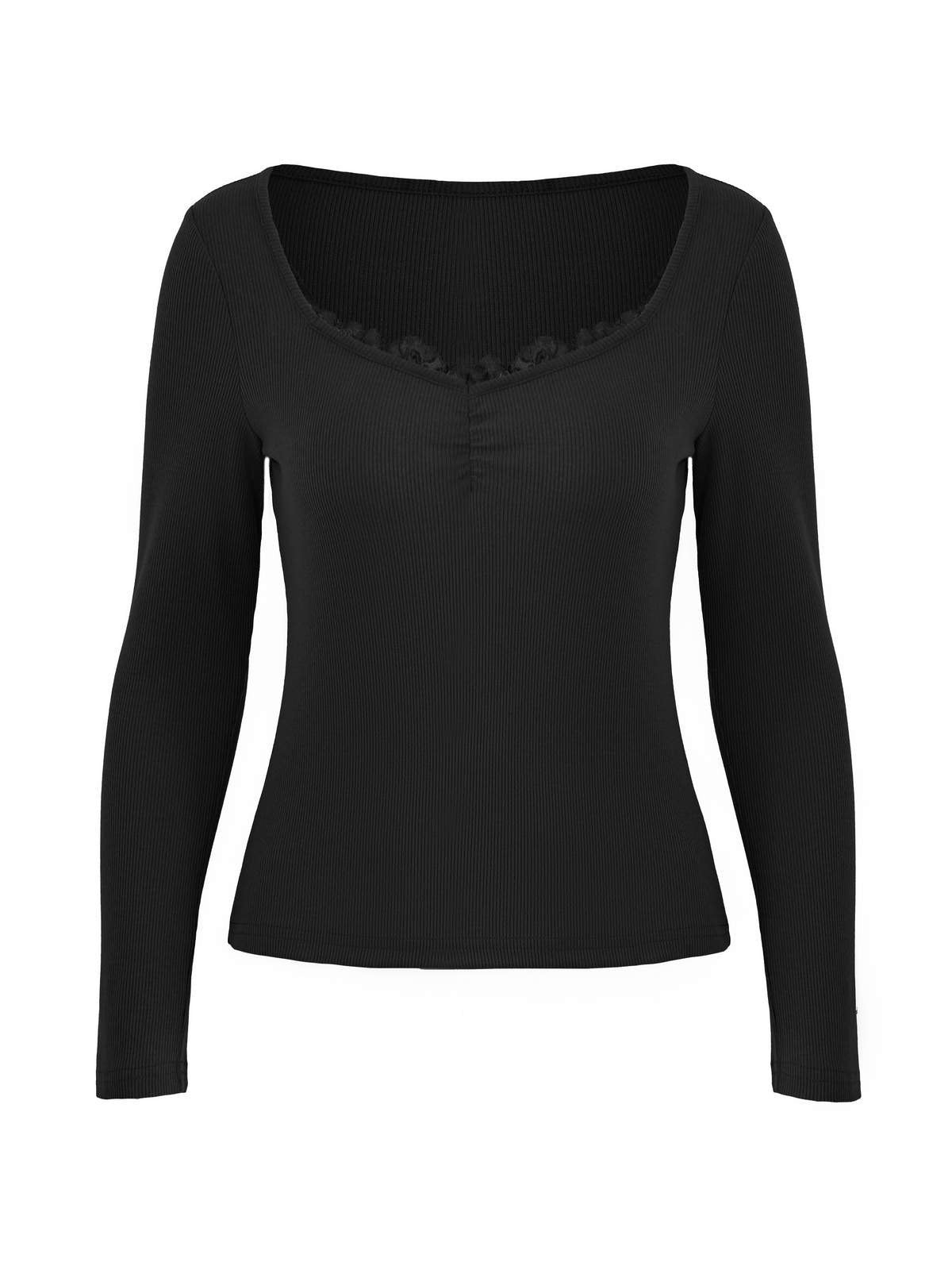 Black long-sleeved knit top with lace trim